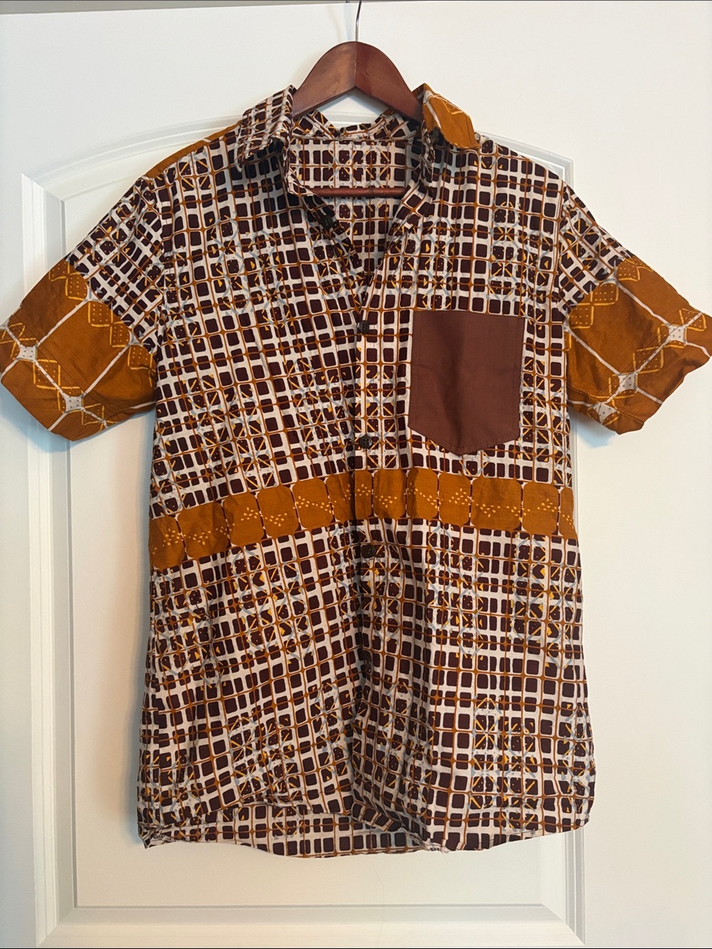 Hand sewn young man’s Short Sleeve Button-Down Shirt in Brown and Mustard